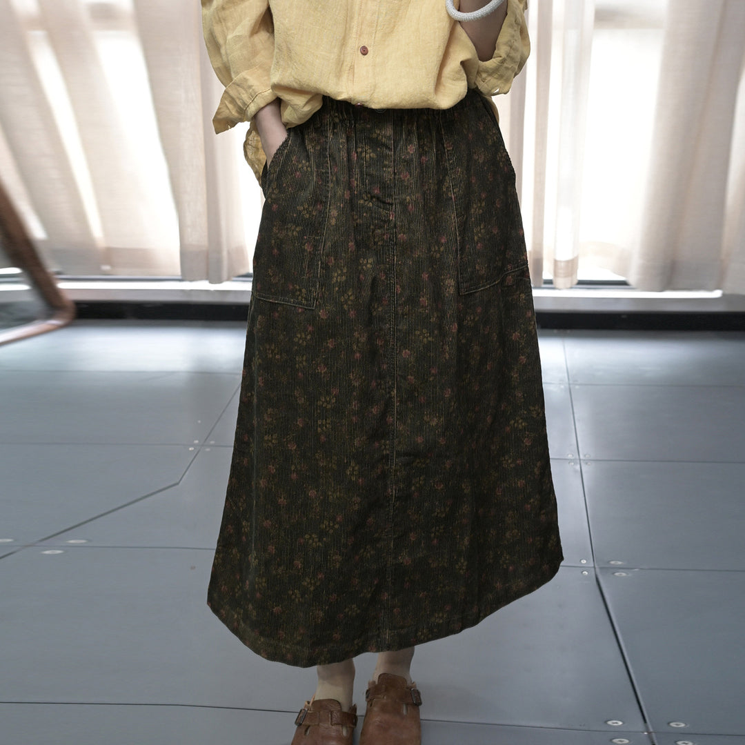 Floral cotton A-line midi skirt with elastic waist