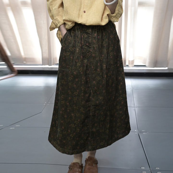 Floral cotton A-line midi skirt with elastic waist