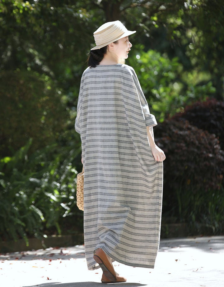 Summer Linen gray Oversized Striped Dress for Women