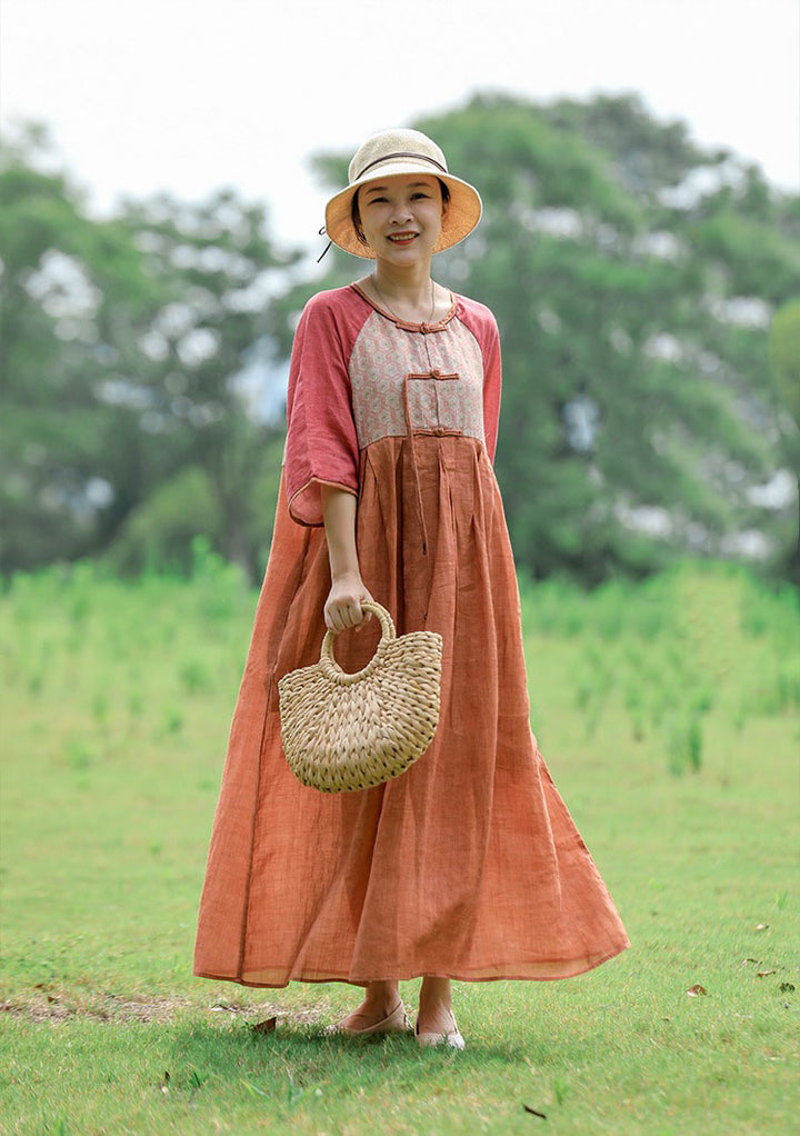 Summer Ramie Orange Patchwork with Pockets Dress for Women
