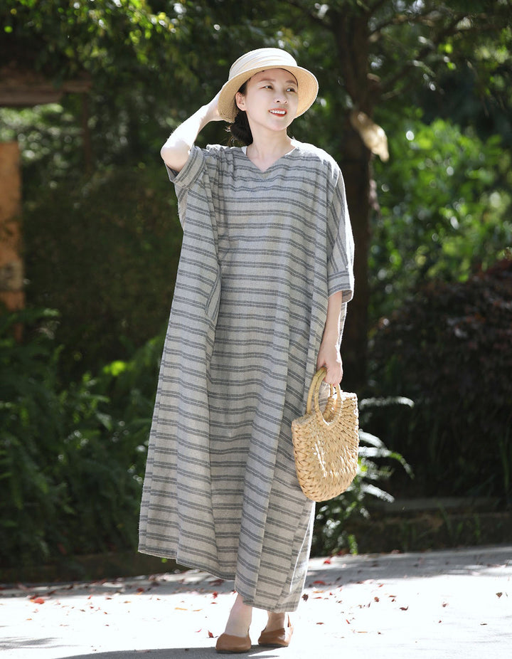 Summer Linen gray Oversized Striped Dress for Women