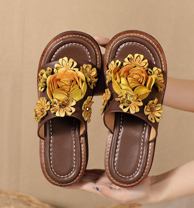 Cowhide Thick-Sole floral sandals for women