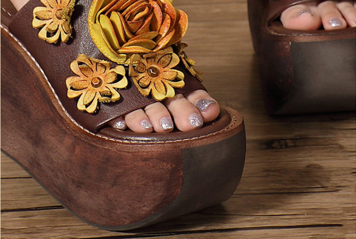 Cowhide Thick-Sole floral sandals for women
