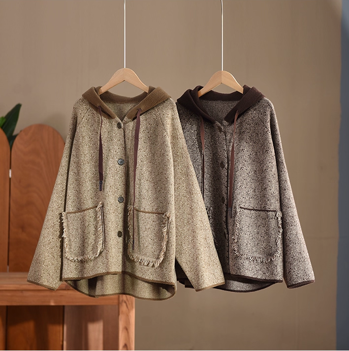 winter wool herringbone pattern jacket with hood womens