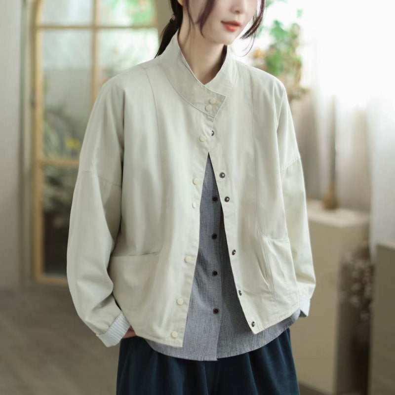 Trendy Fall Outfits Cotton Cropped Cardigan with Stand Collar Top