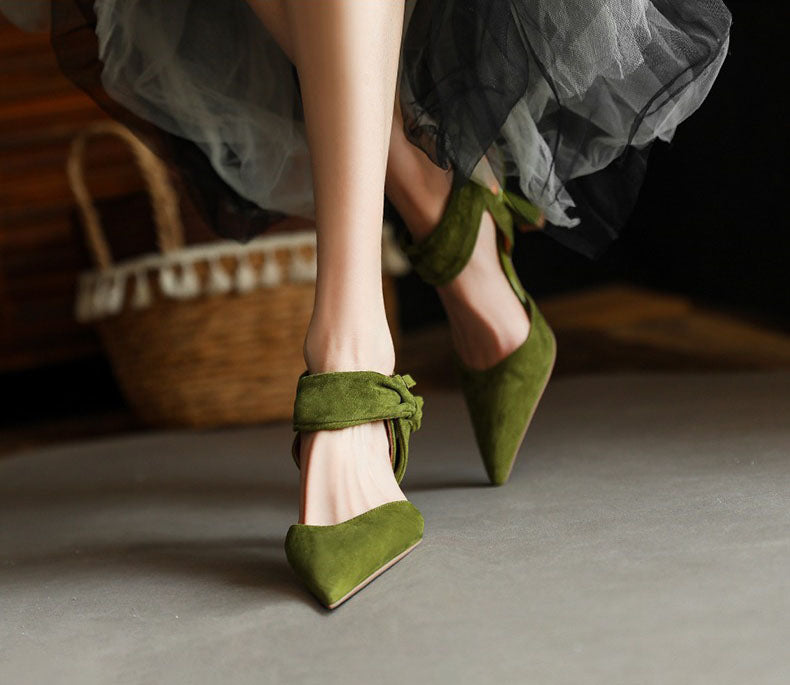 Women's Straight Buckle Cowhide High-Heeled Sandals Green