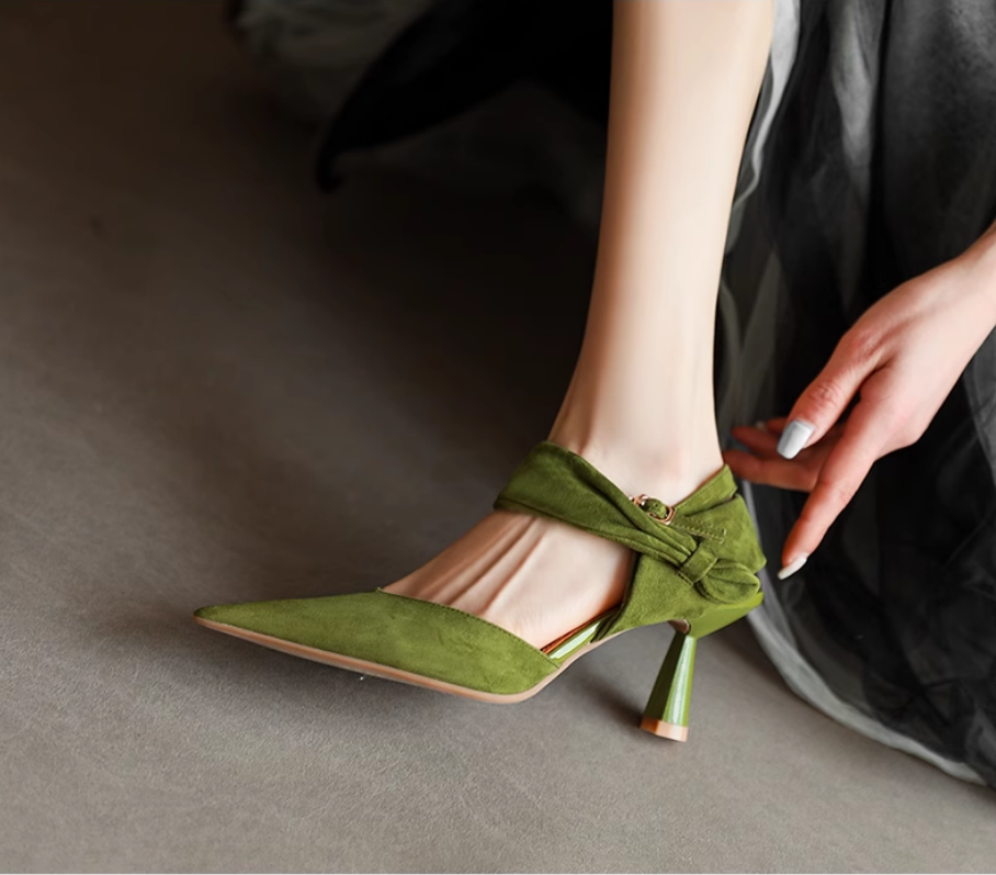Women's Straight Buckle Cowhide High-Heeled Sandals Green