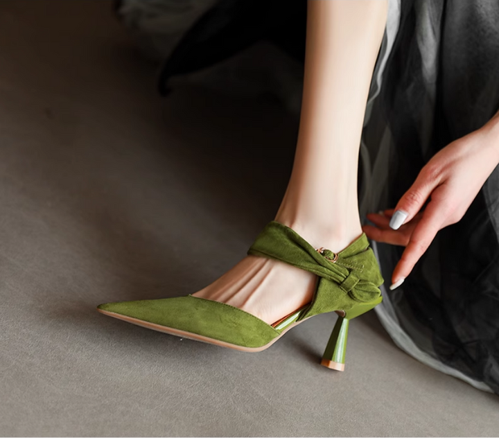 Women's Straight Buckle Cowhide High-Heeled Sandals Green
