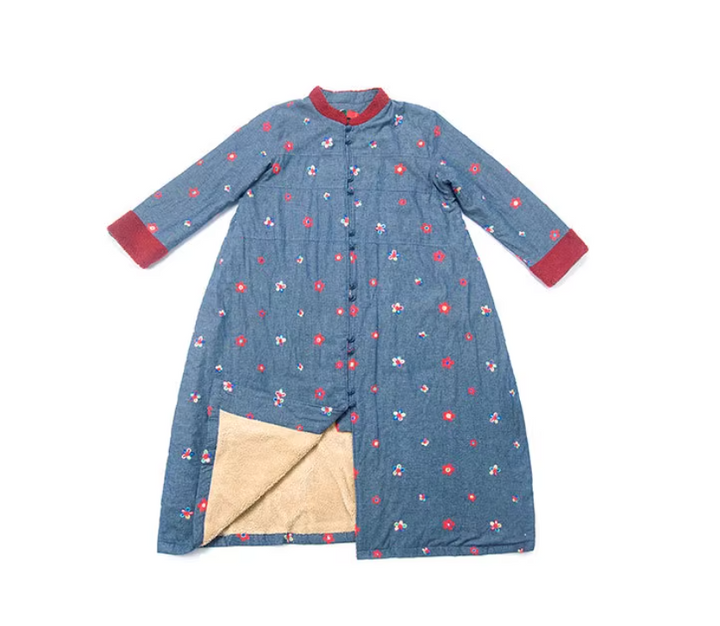 Winter Blue Cotton Floral Long Fleece-Lined Coat for Women