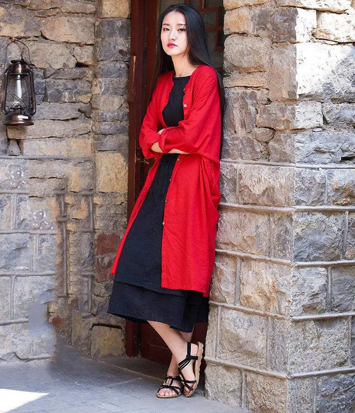 Stylish Red Retro Women's Cotton Long Sleeve Shirt-Women's Shirt-Thebesttailor-Thebesttailor