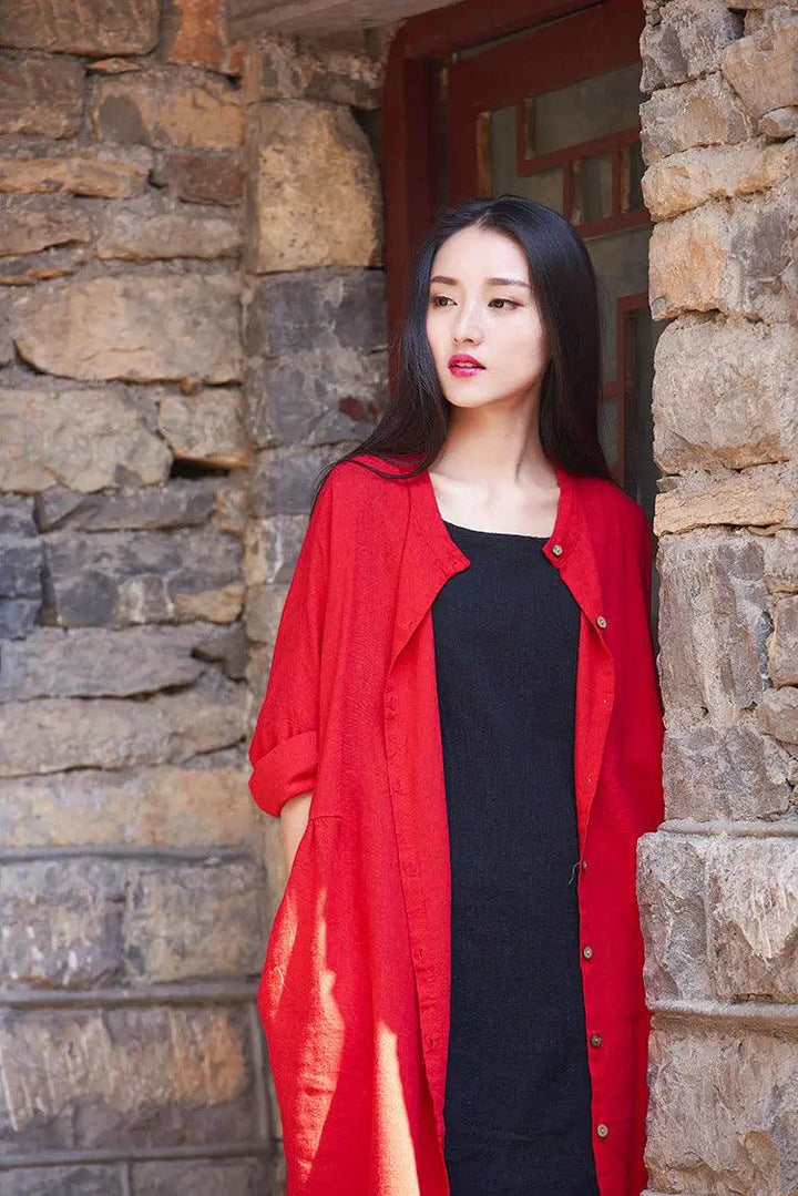 Stylish Red Retro Women's Cotton Long Sleeve Shirt-Women's Shirt-Thebesttailor-Thebesttailor
