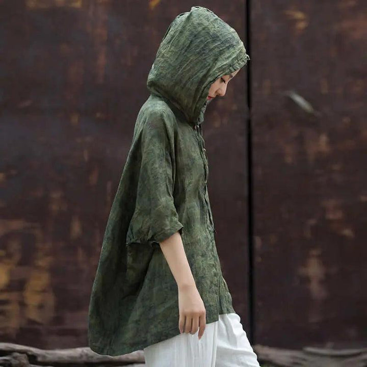 Hooded Vintage Green Linen and Ramie Sun Shirt for Women-Women's Shirt-Thebesttailor-One size-Green-Ramie-Thebesttailor