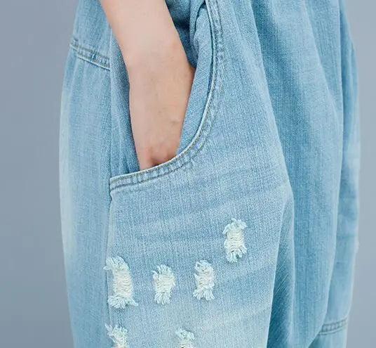 Women's summer blue denim casual pants with pockets pencil pants-Women's pants-Thebesttailor-Thebesttailor