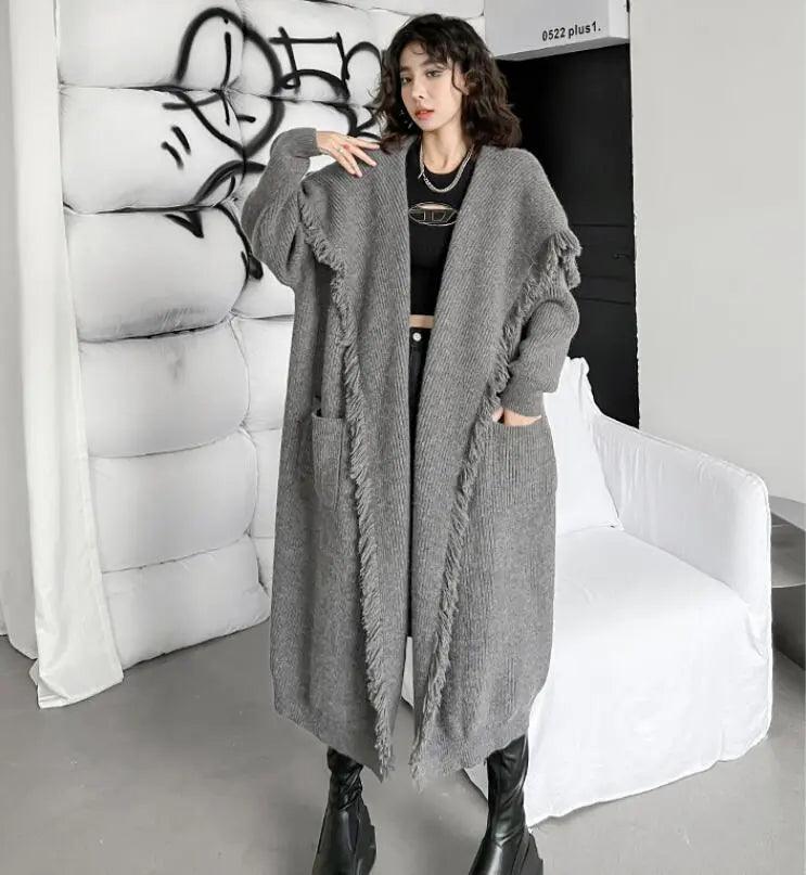 Women's Winter Knitwear: Long Fringed Sweater Coat-KNITTED SWEATERS-Thebesttailor-Thebesttailor