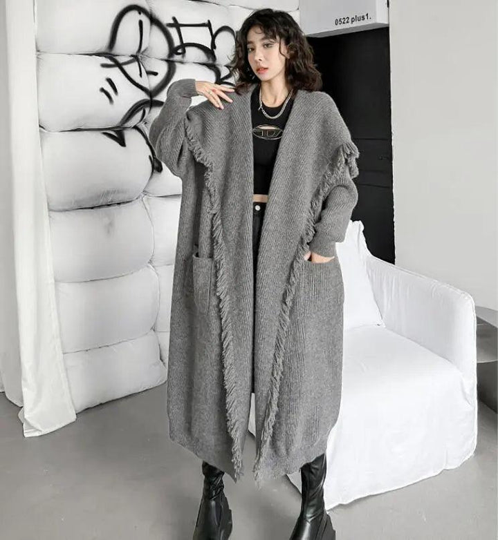 Women's Winter Knitwear: Long Fringed Sweater Coat-KNITTED SWEATERS-Thebesttailor-Thebesttailor