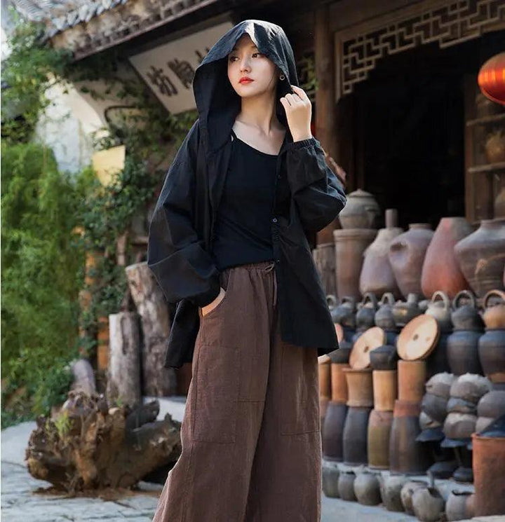 women Retro Linen Sand Washed Loose White Hooded Blouses-Women's Shirt-Thebesttailor-Thebesttailor
