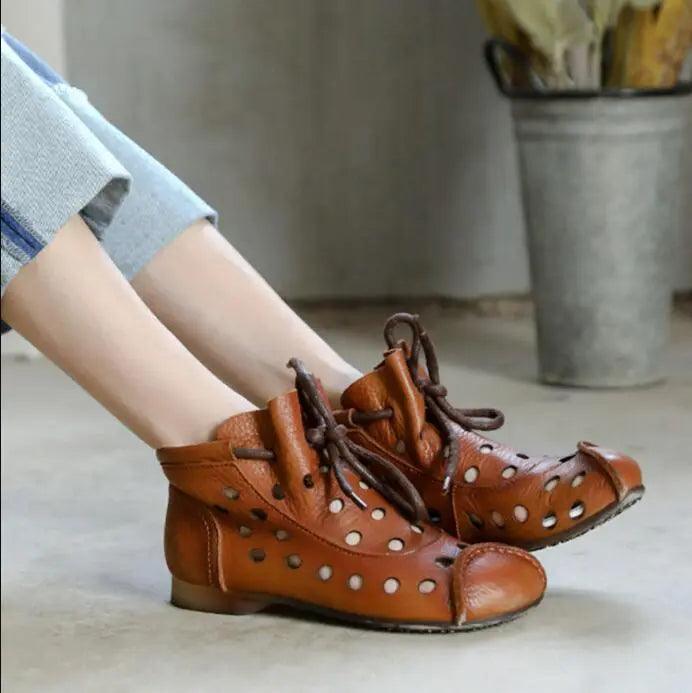 Vintage Brown Cowhide Women's Boots with Hollow Out Design-boots-Thebesttailor-35-Brown-Cowhide-Thebesttailor