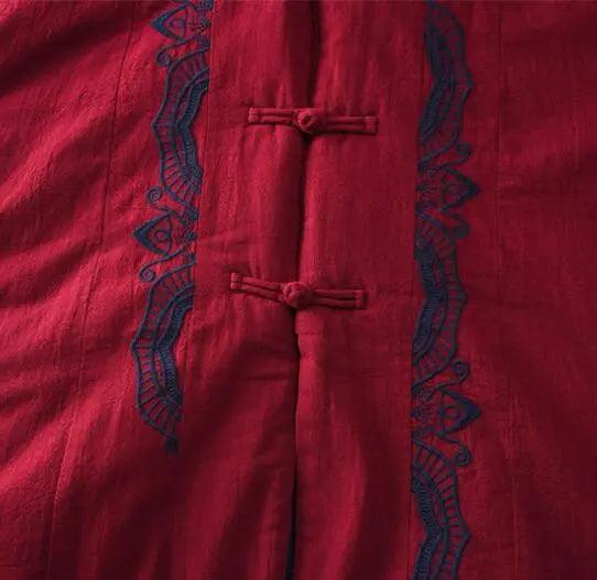 Burgundy Linen and Cotton Padded Winter Coat for Women-Women's coat-Thebesttailor-Thebesttailor