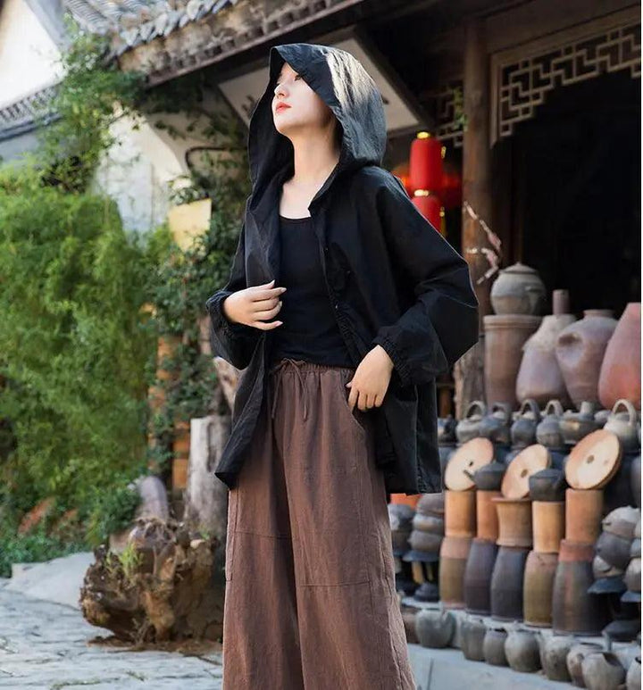 women Retro Linen Sand Washed Loose White Hooded Blouses-Women's Shirt-Thebesttailor-Thebesttailor