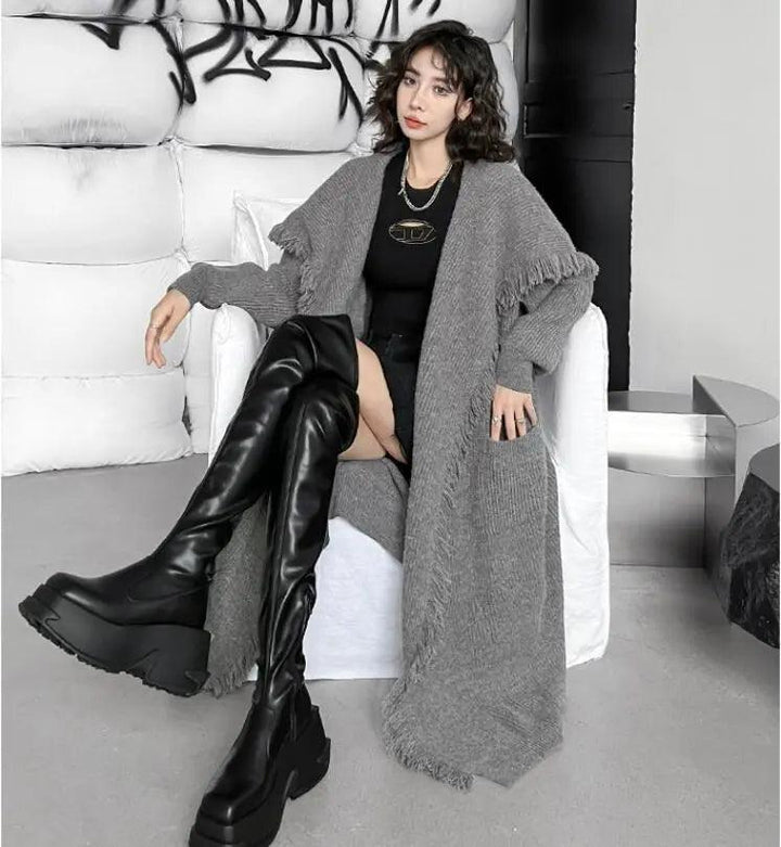 Women's Winter Knitwear: Long Fringed Sweater Coat-KNITTED SWEATERS-Thebesttailor-Thebesttailor