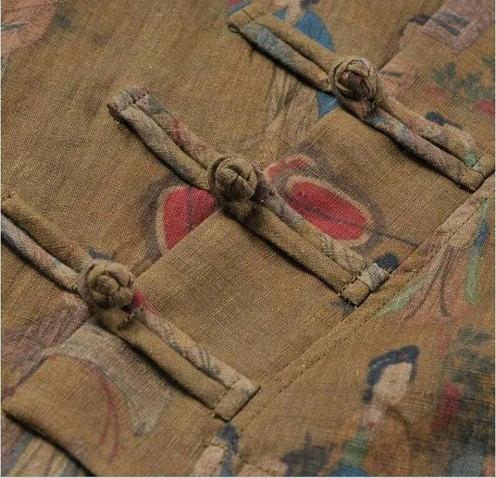 Retro Style Dark Brown Linen Two-Piece Set for Women-Women's Shirt-Thebesttailor-Thebesttailor