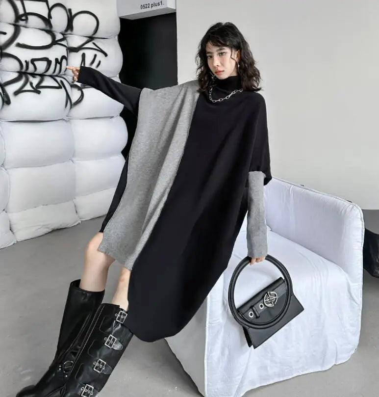 Stylish winter sweater dress with long bat sleeves and color block design-KNITTED SWEATERS-Thebesttailor-Thebesttailor
