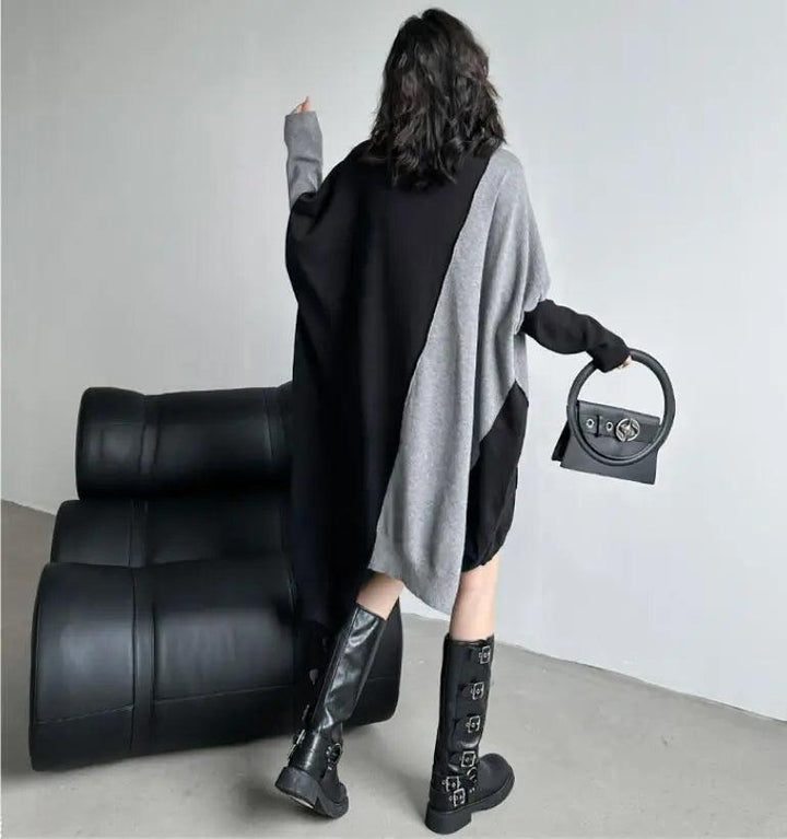 Stylish winter sweater dress with long bat sleeves and color block design-KNITTED SWEATERS-Thebesttailor-Thebesttailor