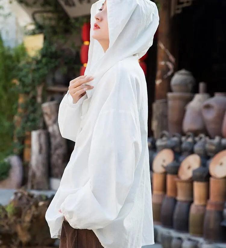 women Retro Linen Sand Washed Loose White Hooded Blouses-Women's Shirt-Thebesttailor-Thebesttailor