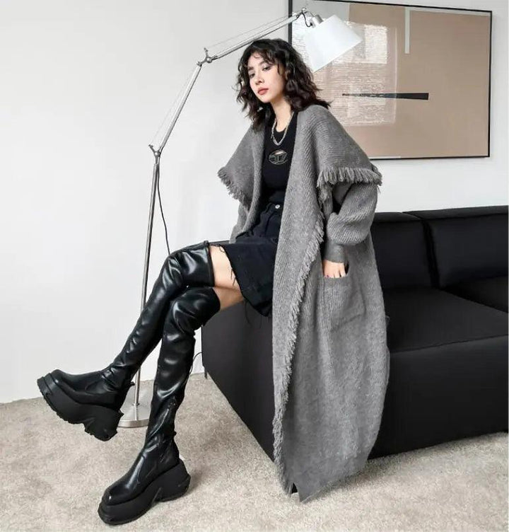 Women's Winter Knitwear: Long Fringed Sweater Coat-KNITTED SWEATERS-Thebesttailor-Thebesttailor