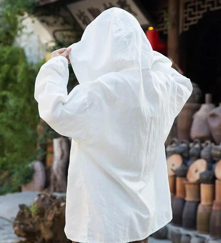 women Retro Linen Sand Washed Loose White Hooded Blouses-Women's Shirt-Thebesttailor-Thebesttailor