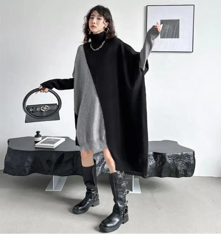 Stylish winter sweater dress with long bat sleeves and color block design-KNITTED SWEATERS-Thebesttailor-Thebesttailor
