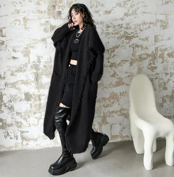 Women's Winter Knitwear: Long Fringed Sweater Coat-KNITTED SWEATERS-Thebesttailor-Thebesttailor
