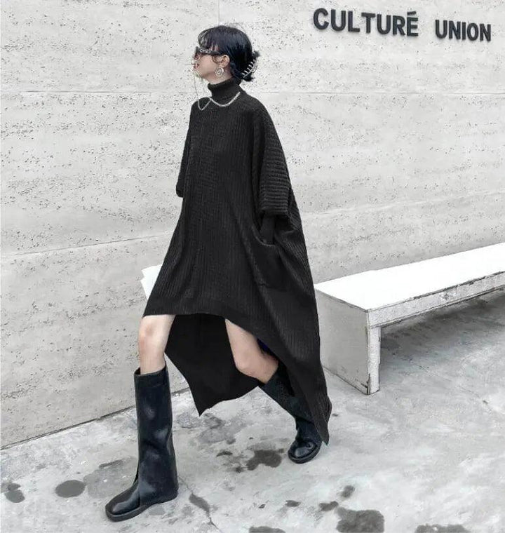 Chic Knit Sweater Dress for Women's Fall Wardrobe-KNITTED SWEATERS-Thebesttailor-One size-Black-Cotton-Thebesttailor