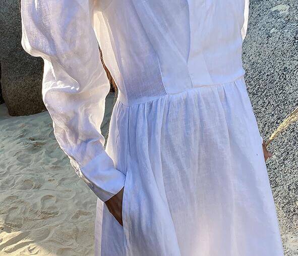 White V-Neck Linen Dress