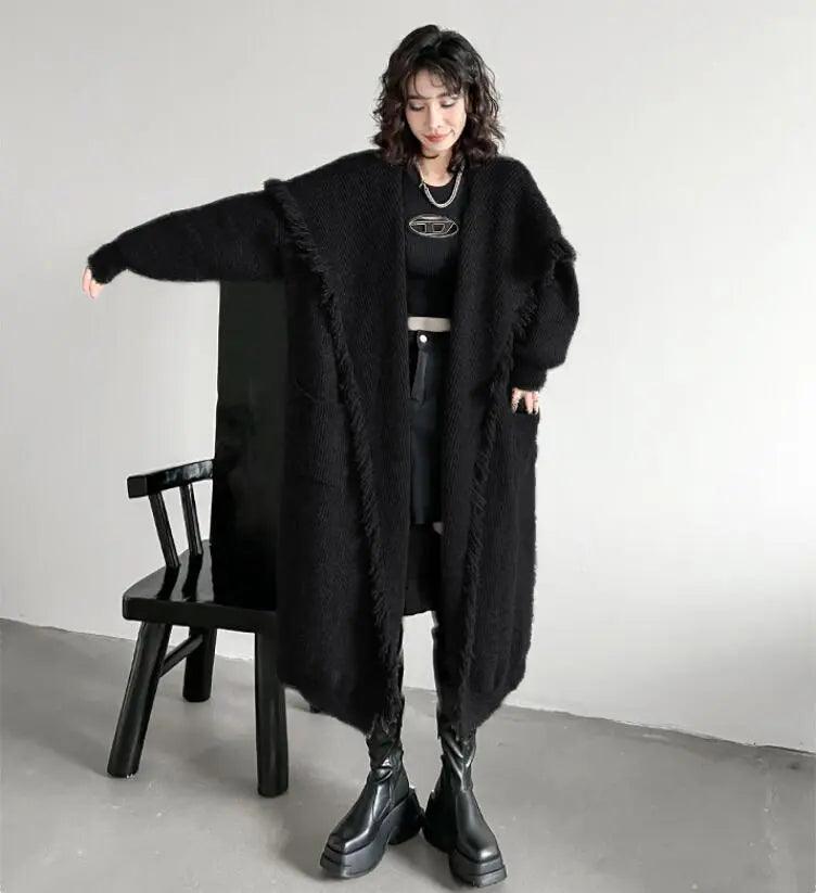 Women's Winter Knitwear: Long Fringed Sweater Coat-KNITTED SWEATERS-Thebesttailor-Thebesttailor