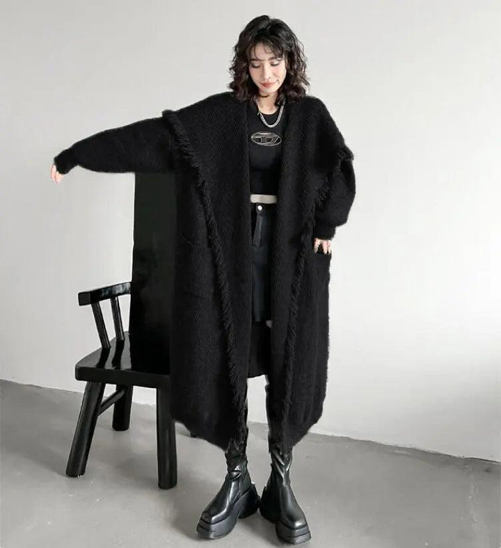 Women's Winter Knitwear: Long Fringed Sweater Coat-KNITTED SWEATERS-Thebesttailor-Thebesttailor