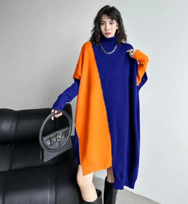 Stylish winter sweater dress with long bat sleeves and color block design-KNITTED SWEATERS-Thebesttailor-Thebesttailor