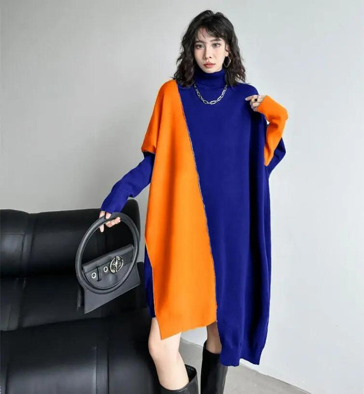 Stylish winter sweater dress with long bat sleeves and color block design-KNITTED SWEATERS-Thebesttailor-Thebesttailor