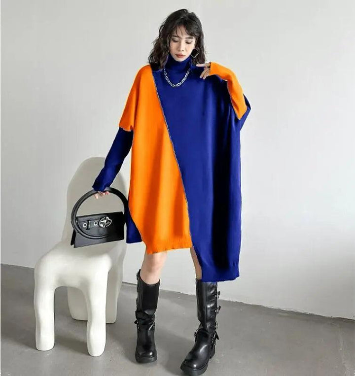 Stylish winter sweater dress with long bat sleeves and color block design-KNITTED SWEATERS-Thebesttailor-One size-Orange-Thebesttailor