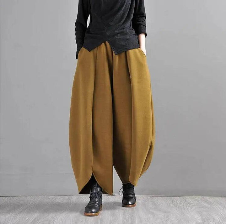 Mustard Green Wide Leg Wool Pants for Modern Commuters-Women's pants-Thebesttailor-One size-Mustard green-Wool blend-Thebesttailor