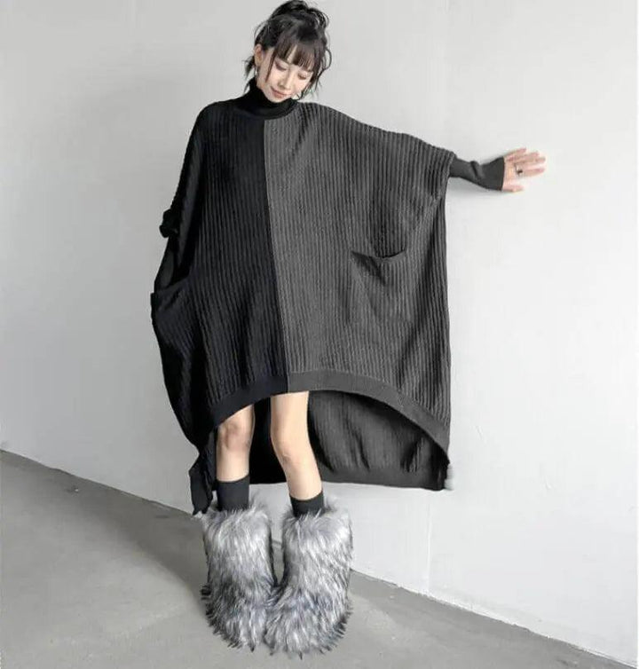 Oversized Turtleneck Sweater Dress with Colorblock Pattern-KNITTED SWEATERS-Thebesttailor-Thebesttailor