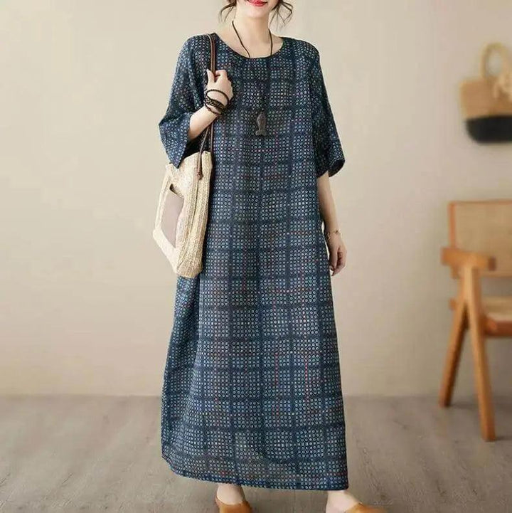 Women's Loose-Fit Linen Bohemian Red Plaid Maxi Dress with Half Sleeves-Women's dress-Thebesttailor-Thebesttailor