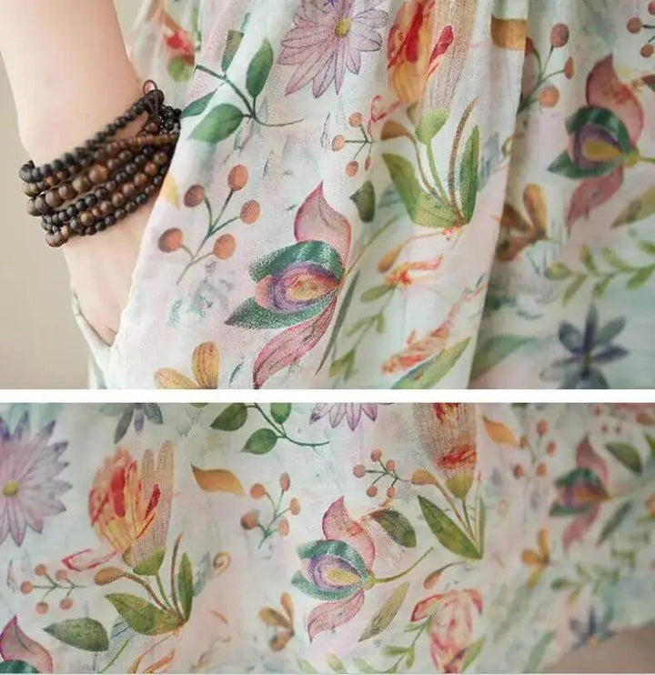 Women's Summer Dress Flowery Green Linen A-Line Dress-Women's dress-Thebesttailor-Thebesttailor
