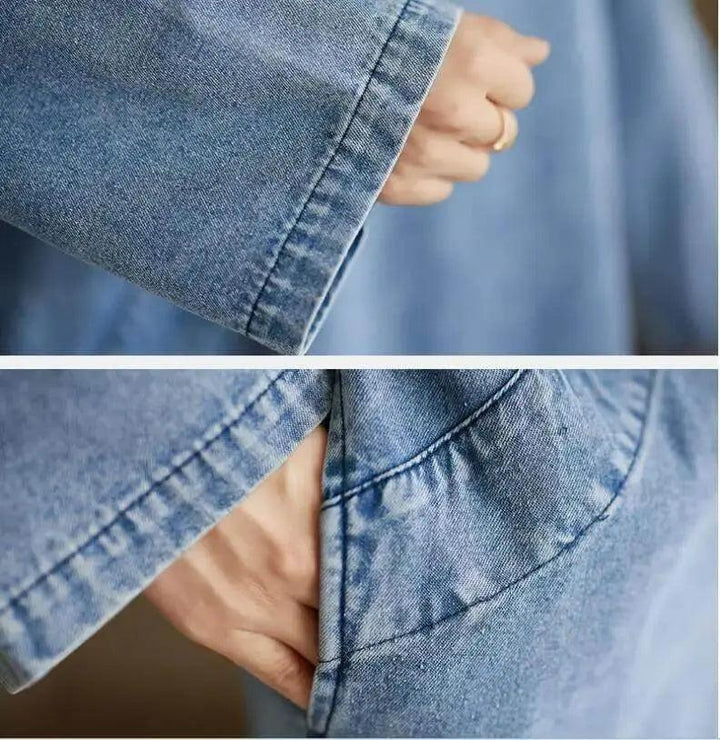 Blue Denim Ruffle Dress with Stand Collar - Retro Style-Women's dress-Thebesttailor-Thebesttailor