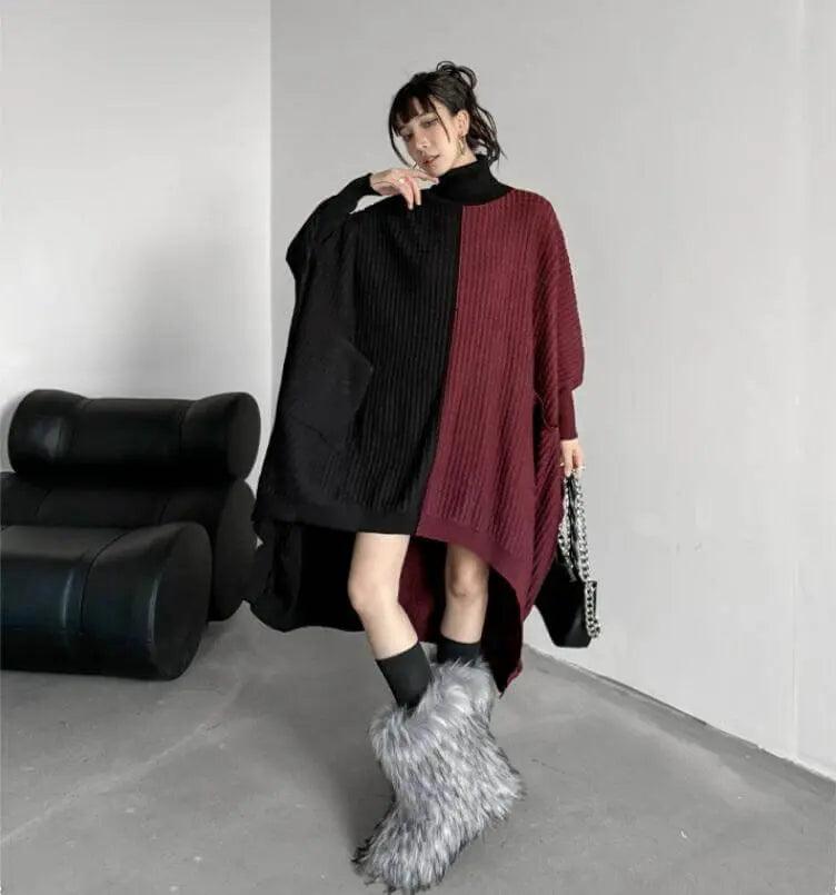 Oversized Turtleneck Sweater Dress with Colorblock Pattern-KNITTED SWEATERS-Thebesttailor-Thebesttailor