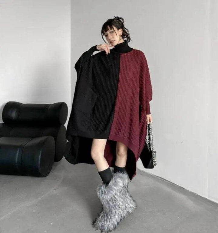 Oversized Turtleneck Sweater Dress with Colorblock Pattern-KNITTED SWEATERS-Thebesttailor-Thebesttailor