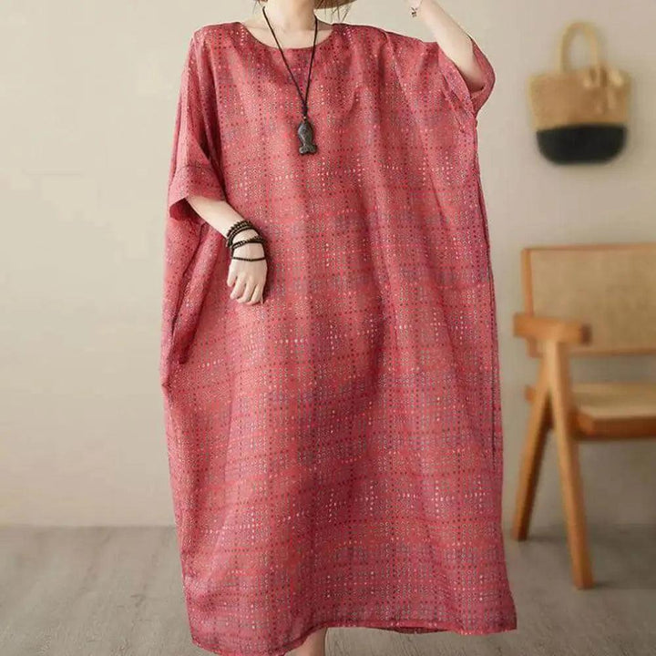 Women's Loose-Fit Linen Bohemian Red Plaid Maxi Dress with Half Sleeves-Women's dress-Thebesttailor-One size-Red-Linen-Thebesttailor