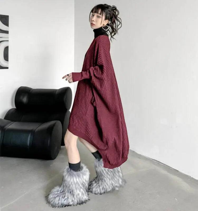 Oversized Turtleneck Sweater Dress with Colorblock Pattern-KNITTED SWEATERS-Thebesttailor-Thebesttailor