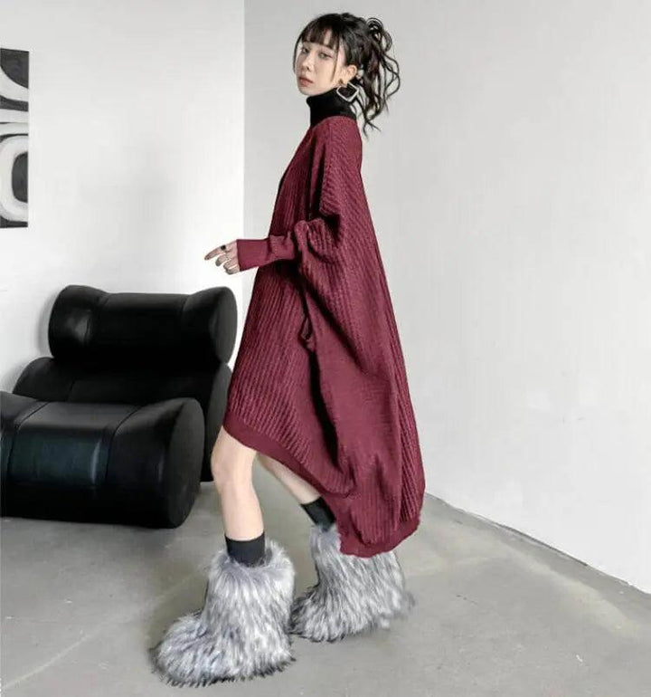 Oversized Turtleneck Sweater Dress with Colorblock Pattern-KNITTED SWEATERS-Thebesttailor-Thebesttailor