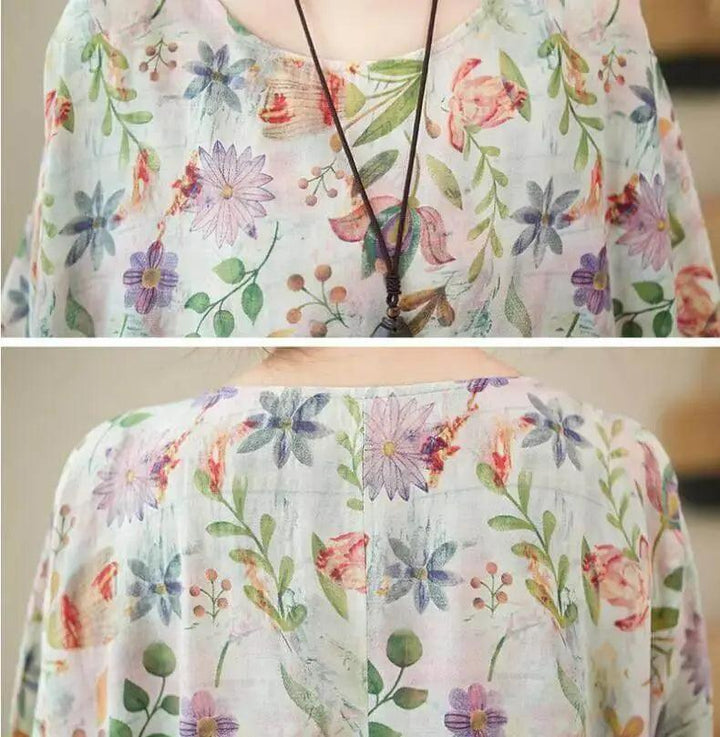 Women's Summer Dress Flowery Green Linen A-Line Dress-Women's dress-Thebesttailor-Thebesttailor